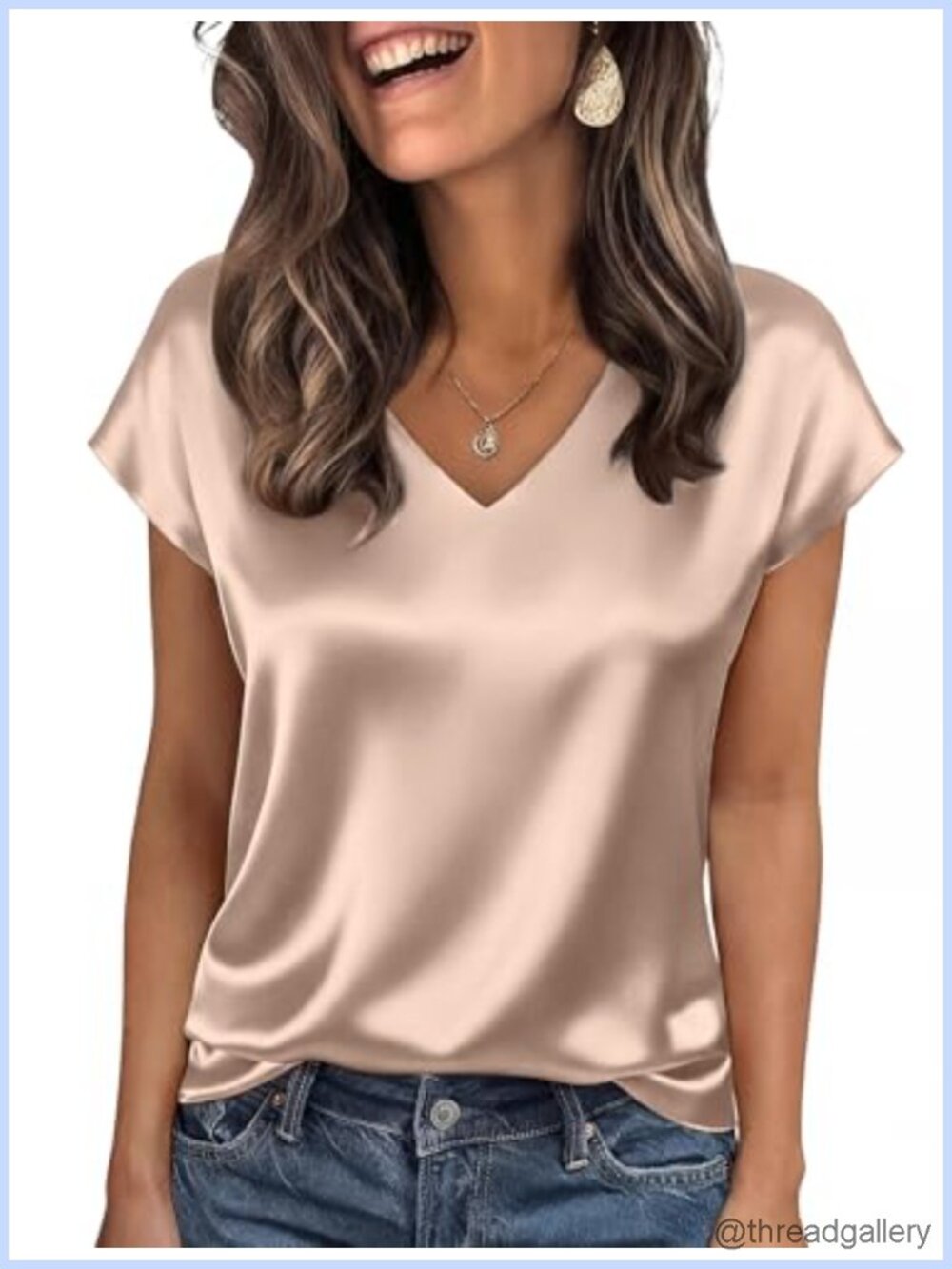 Womens Satin V Neck Blouse with Cap Sleeves Curved Hem